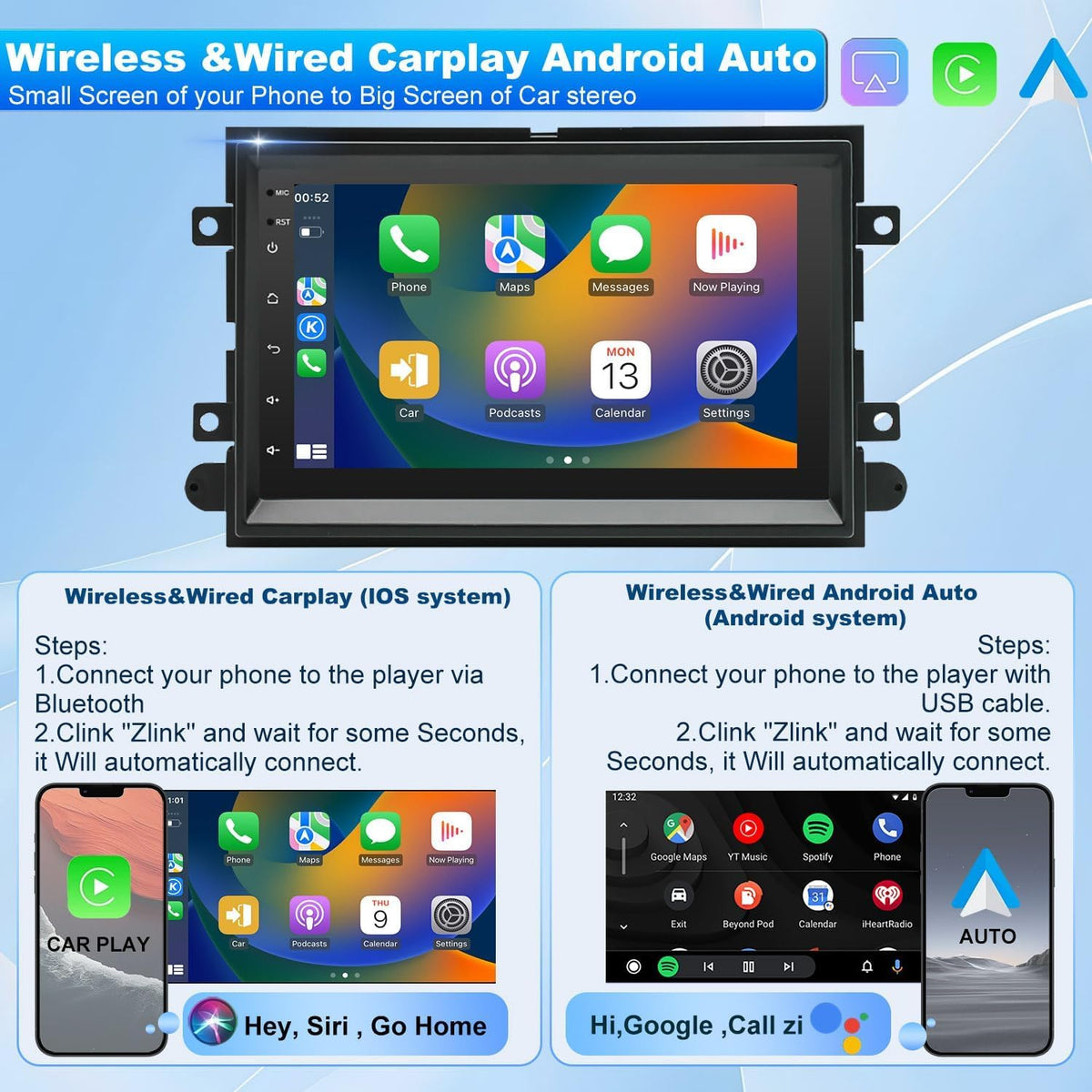 Android 15 Car Stereo for Ford E350 2009-2014 Radio Head Unit for CarPlay Wireless Android Auto GPS Navi 7 inch Touch Screen 2+32GB with Bluetooth WiFi Mirror Link FM RDS SWC Backup Camera