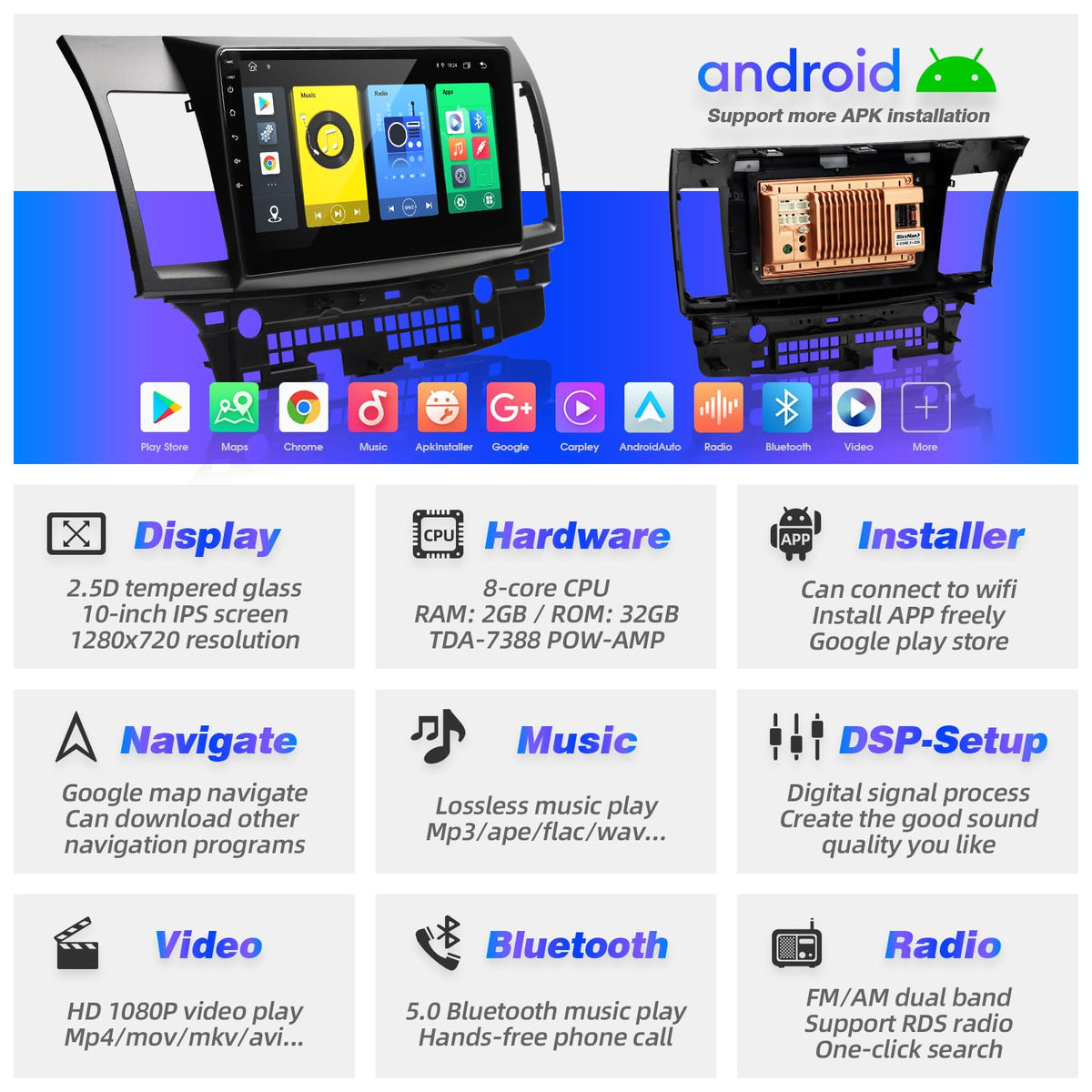 for Lancer 2008-2017 Radio Stereo Wireless Carplay Android Auto