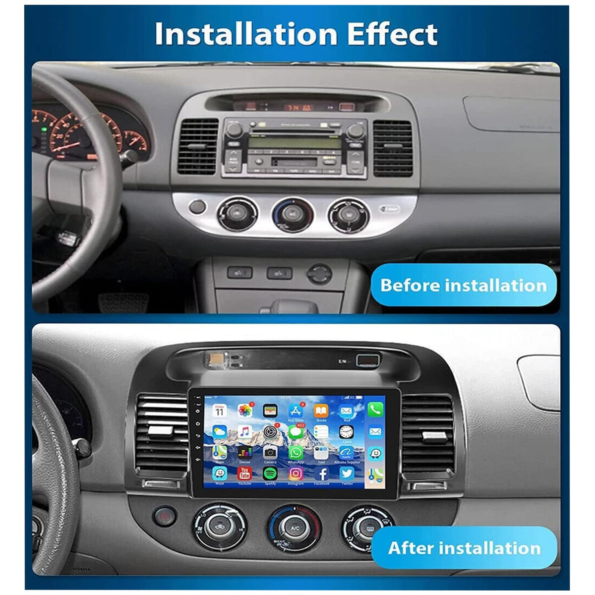 PHEZEN 9 inch Touchscreen Car Stereo Fit for Toyota Camry 2000-2006, Android 13 Double Din Car Player with Carplay & Android Auto in-Dash Navigation BT Mirror Link WiFi Backup Camera 4+64G