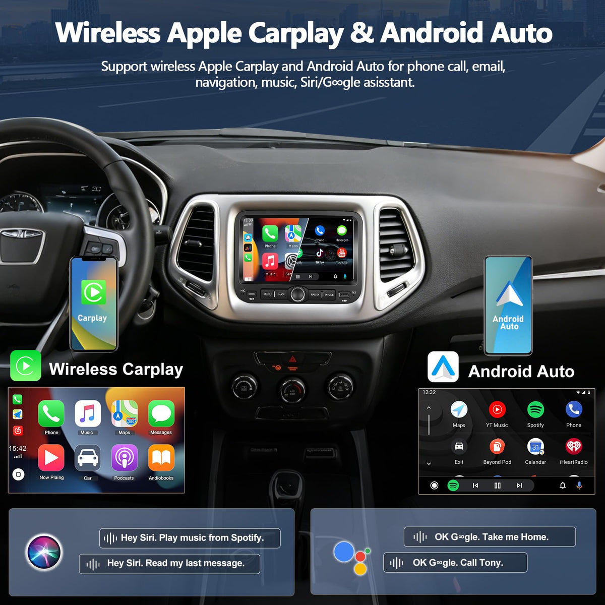 4G+128G Car Radio for Jeep Renegade 2015-2020, Compass 2017-2020 (for Small Display) with Wireless CarPlay Android Auto, 7" IPS Touch Screen Car Stereo with GPS Bluetooth FM Backup Camera