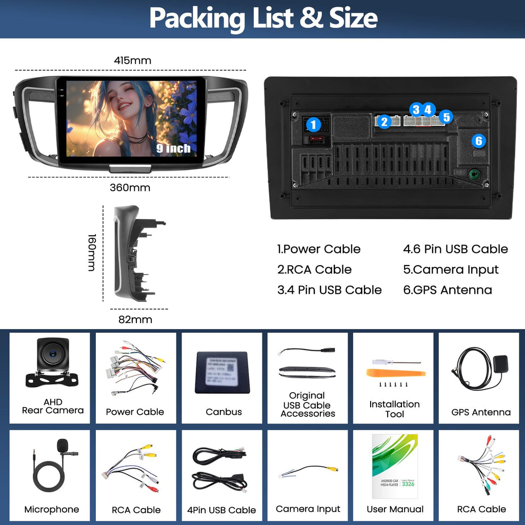 CAMECHO 4G+128G for Honda Accord EX-L 2013 2014 2015 Android 15 Car Stereo with Wireless CarPlay Android Auto 10" Incell 1280 * 720 Touch Screen Head Unit with GPS Bluetooth RDS FM Backup Camera