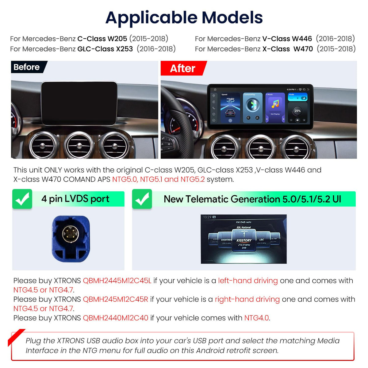 XTRONS Android Car Stereo for Mercedes-Benz C/GLC/V/X-Class W205 X253 W446 W470 (2016-2018) NTG 5.0/5.1/5.2, 12.3" IPS Touchscreen, Wireless CarPlay & Android Auto, Qualcomm Snapdragon 662, 8+128GB