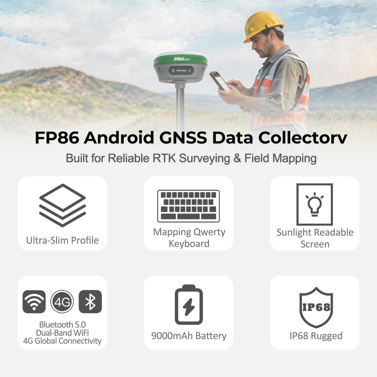SMA26 Plus(FP86) GNSS Receivers Base&Rover RTK GPS Land Survey Equipment with Permanent Survey Software, Connect with Drone/UAV, 1cm Accuracy,PPP/NTRIP/UHF Radio/BT, Ideal for Construction and Mapping