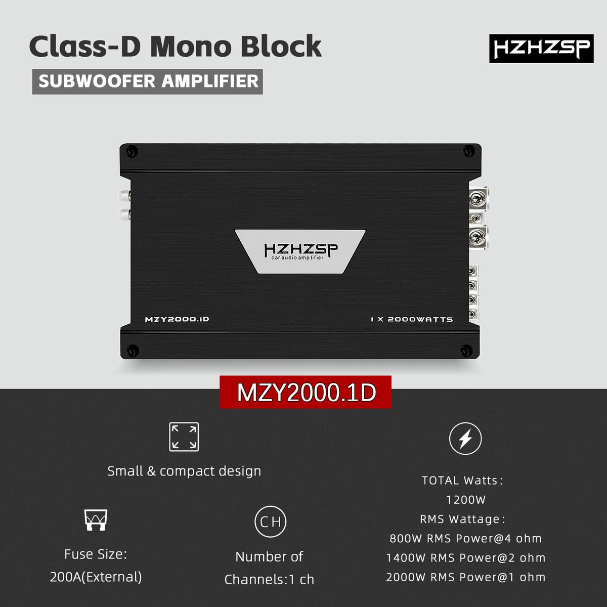 2000W RMS Class D Monoblock Car Subwoofer Amplifier, 1 Ohm Stable