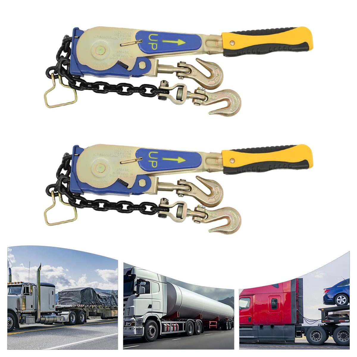 2PCS EZ Ratchet Chain Binder Set 5/16–3/8in, 5400lbs Yellow
