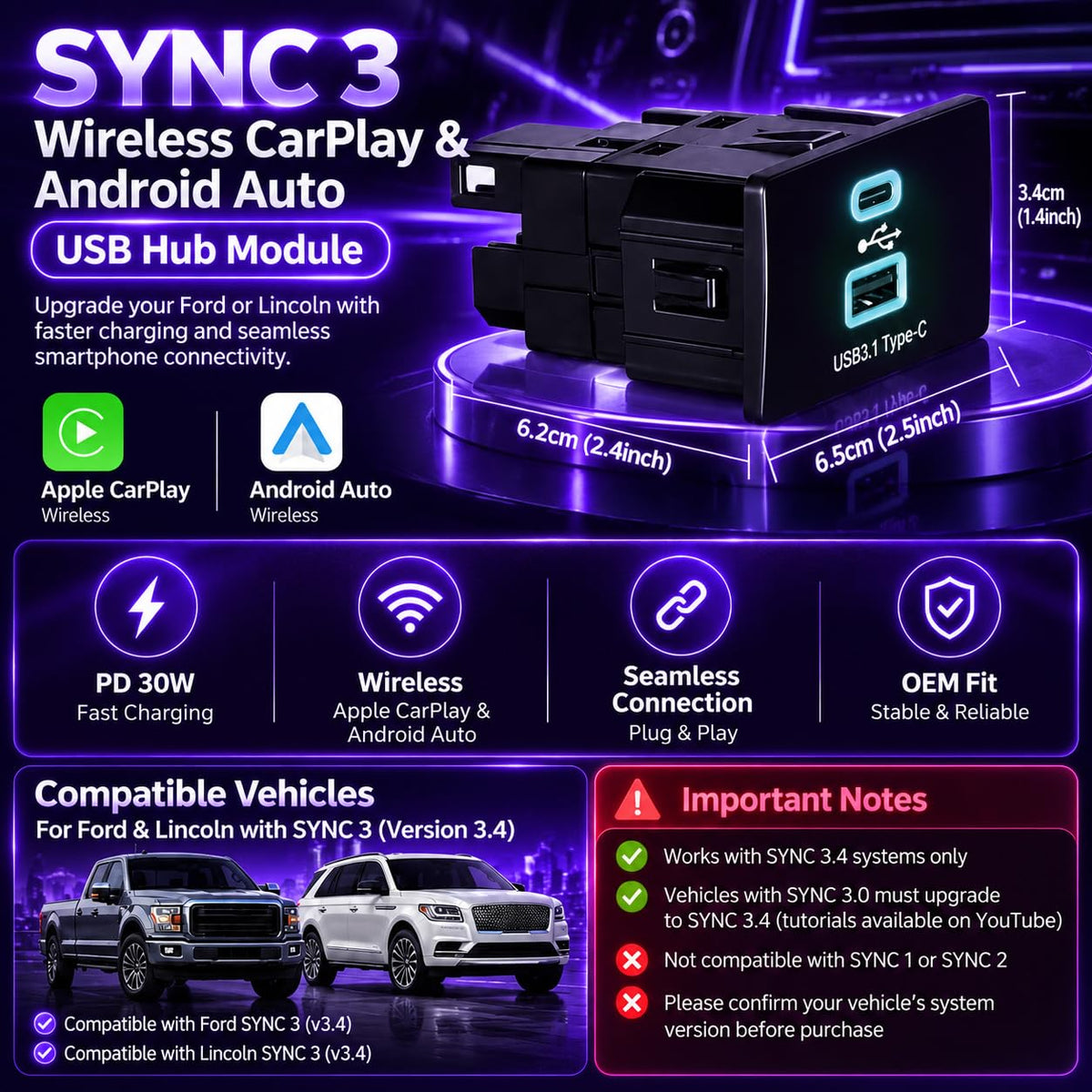 Wireless CarPlay & Android Auto USB Hub for Ford & Lincoln SYNC 3.4