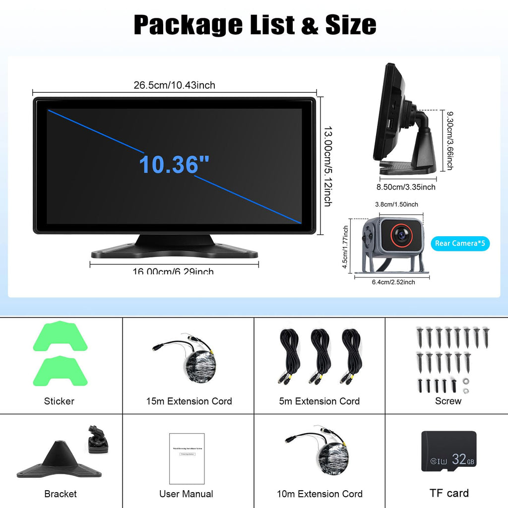 10.36 inch Backup Camera for RV Trucks Pickups Bus Trailers Caravans IPS HD Screen DVR Recording Reverse Monitor 5 Split Screen Waterproof Night Vision Stable Signal DIY Parking Lines
