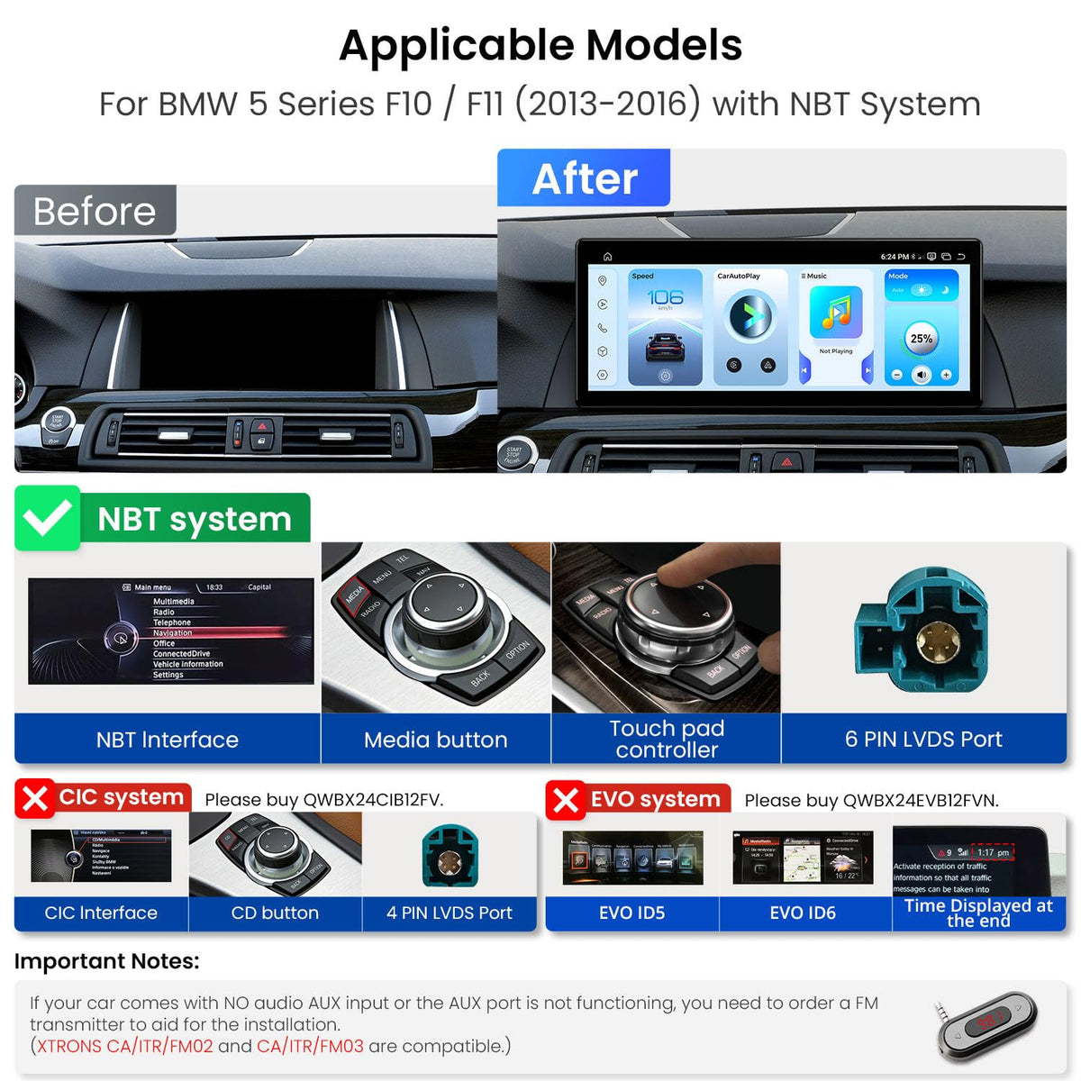 XTRONS Qualcomm 685 Android 14 Car Stereo for BMW 5 Series F10 / F11 2013-2016 with NBT System, 12.3 Inch 2K IPS Touch Screen GPS Navigation Support Wireless CarPlay Android Auto Backup Camera 8+256G