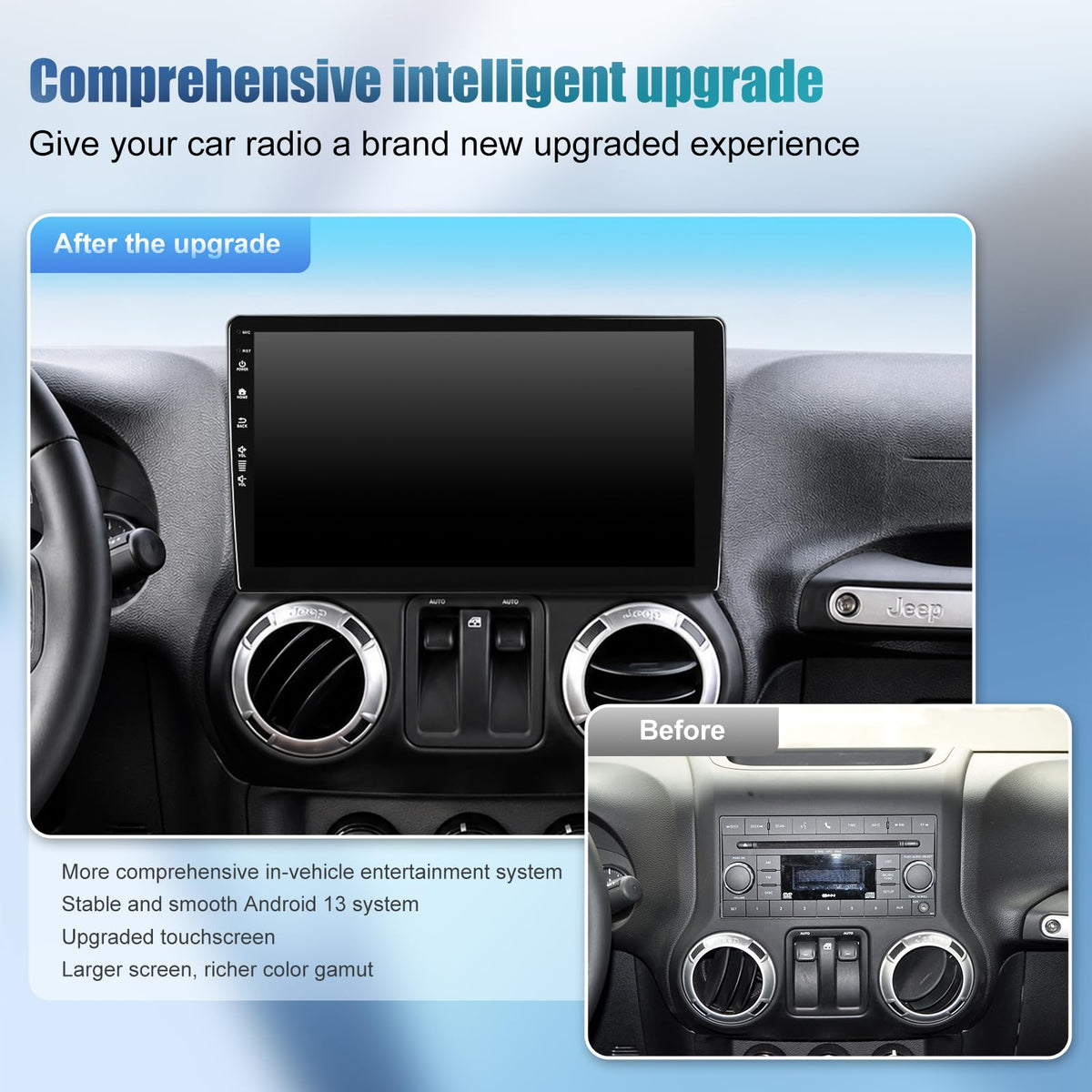 Android 4Core 64G Upgrade Car Radio Stereo for Jeep Wrangler JK 2007-2018 Compass Grand Cherokee Dodge Ram CarPlay & Android Auto Head Unit, 10" QLED Touchscreen/GPS Navigation/HD Backup Camera/WiFi