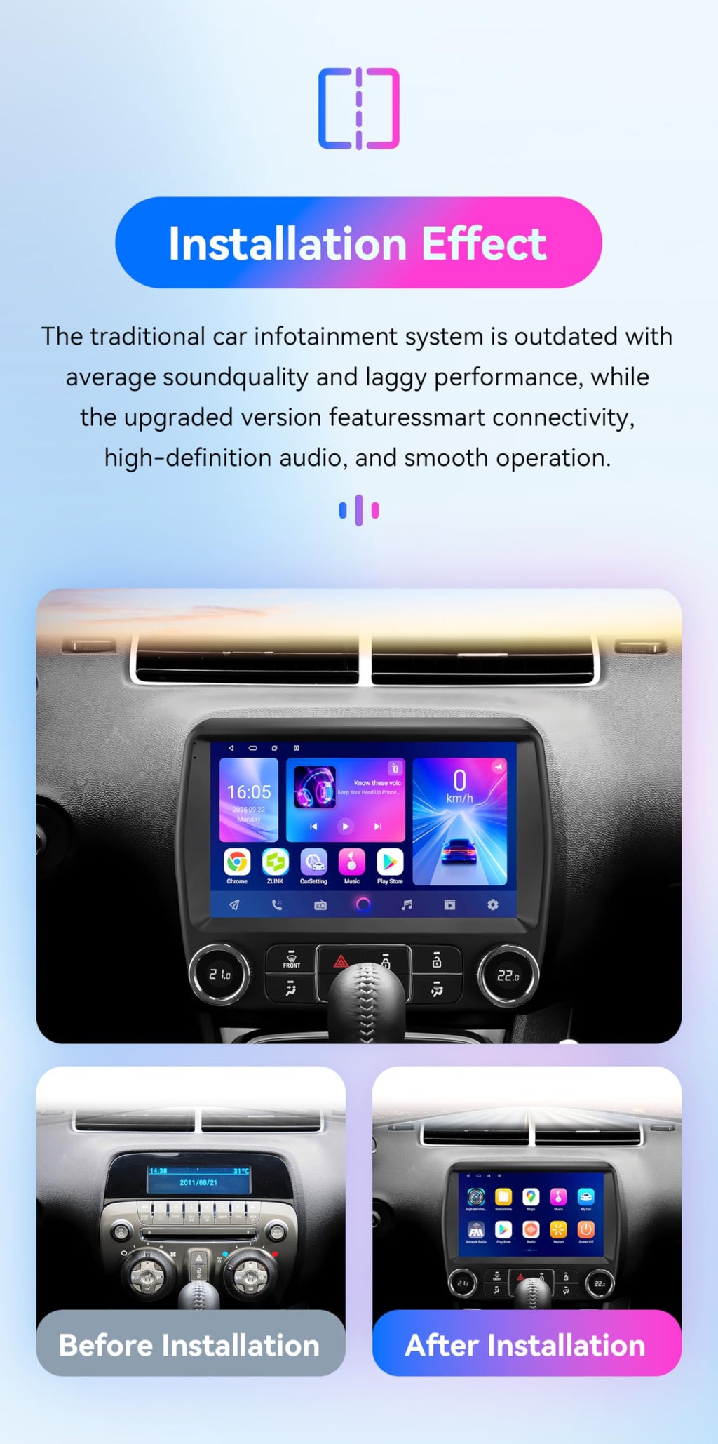Android 14 Car Stereo Upgrade for Chevrolet Camaro (2010-2015), 8 Core 4G+64G GPS Navigation with 9inch QLED Touchscreen EQ Bluetooth USB OBD2 TPMS Car Tablet