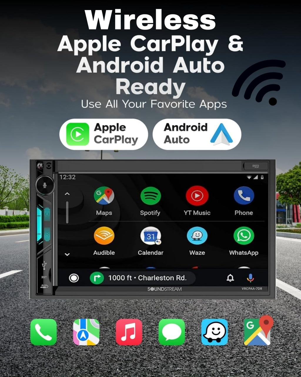 Soundstream VRCPAA-7DR 7" Double DIN Touchscreen Car Stereo, Wireless Apple CarPlay & Android Auto, Bluetooth Hands-Free, USB/AUX, Backup Camera Input, Steering Wheel Control, FM/AM, In-Dash Head Unit