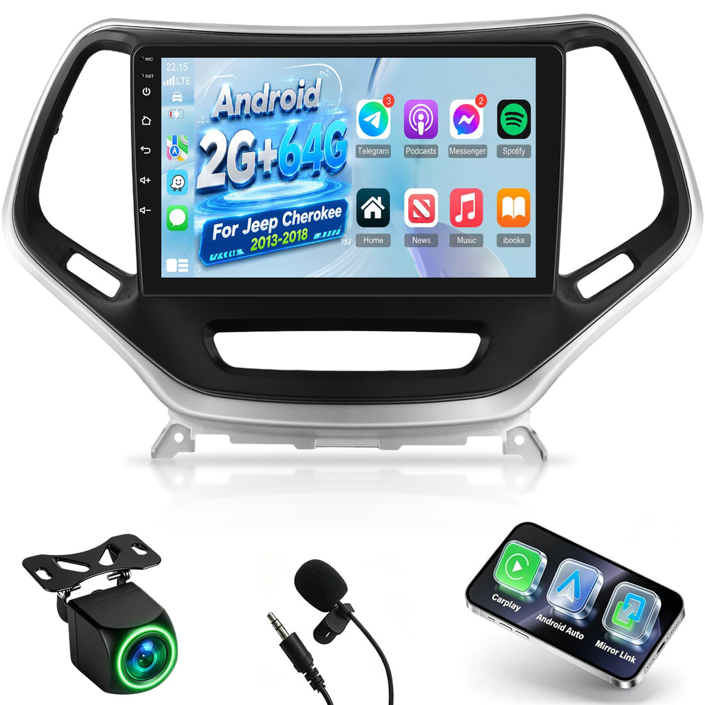 2G+64G Volxcereo Android Car Radio Stereo for Jeep Cherokee 2013-2018 | 10.1 inch Touchscreen Stereo with Wireless Carplay / Android Auto, GPS, WiFi, Bluetooth, SWC,FM/RDS