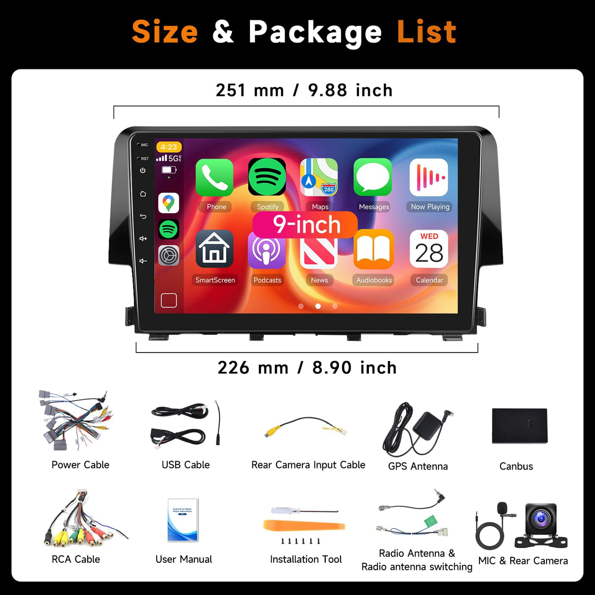 8 Core 6G 128G for Honda Civic 2016-2021 Radio Android 9 Inch Touchscreen Wireless Carplay Android Auto, Car Stereo for Honda Upgrade Bluetooth DSP GPS Navigation WiFi FM/RDS Backup Camera