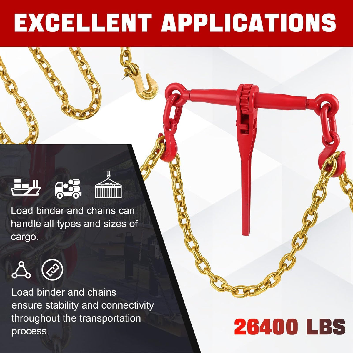 Ratchet Chain Load Binder 4‑Pack, 3/8"‑1/2" with 10FT Chains