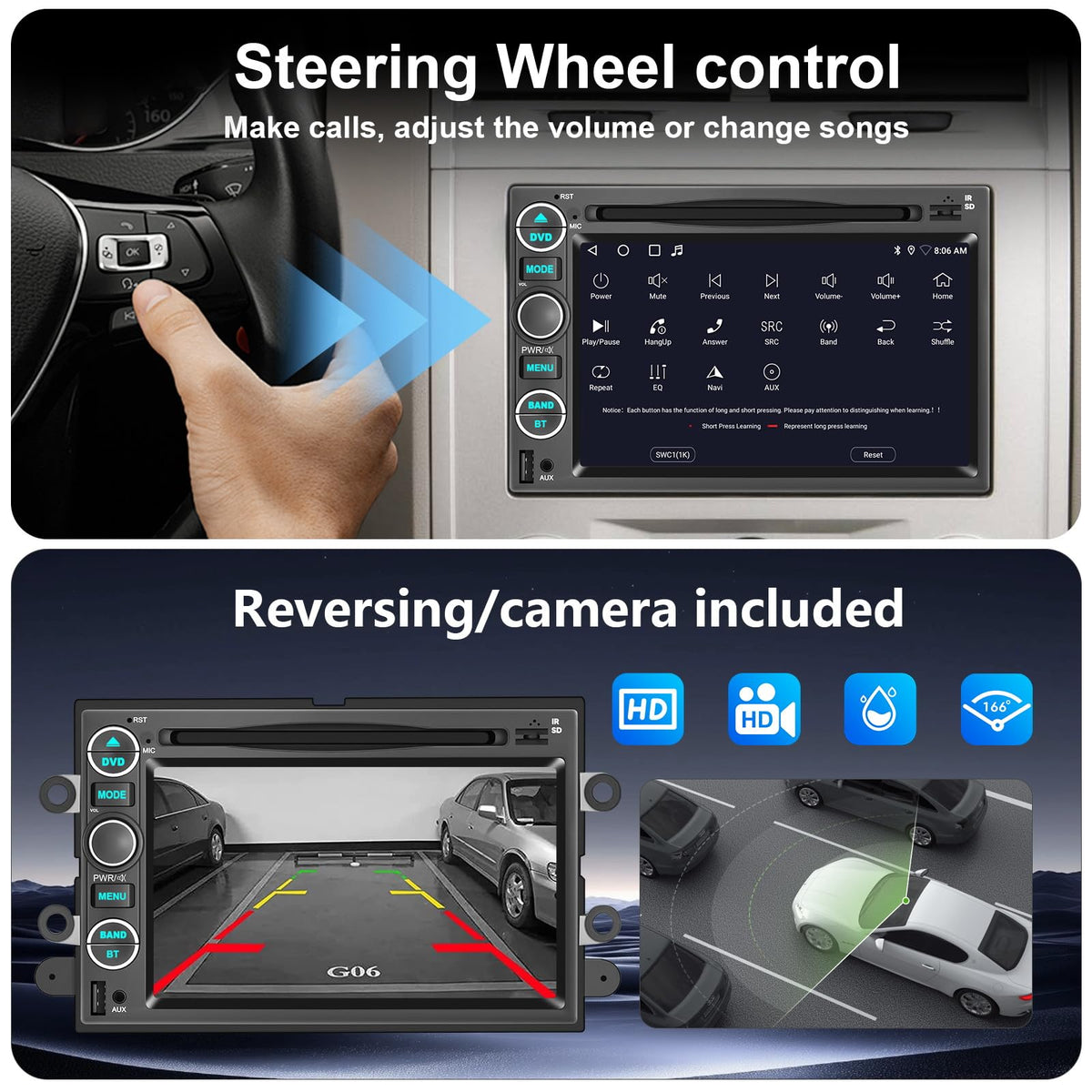 Car Radio Stereo CD DVD Wireless CarPlay Andriod Auto Navi with Camera SWC for Ford F150/F250/F350 2004-2014 /Mustang Edge Explorer Expedition E150 E250 E350 /Mercury Milan/Lincoln Navigator MKX