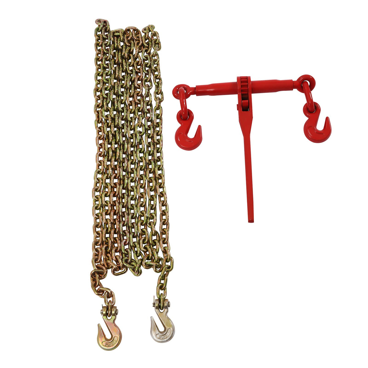 Grade 70 Chain 10,800 Lbs Transport Hauling Load Package - 5/16"-3/8" - Includes Ratchet Load Binder and 5/16"×20 FT Chains - Extended Galvanized Chains - 4 Pack - Red