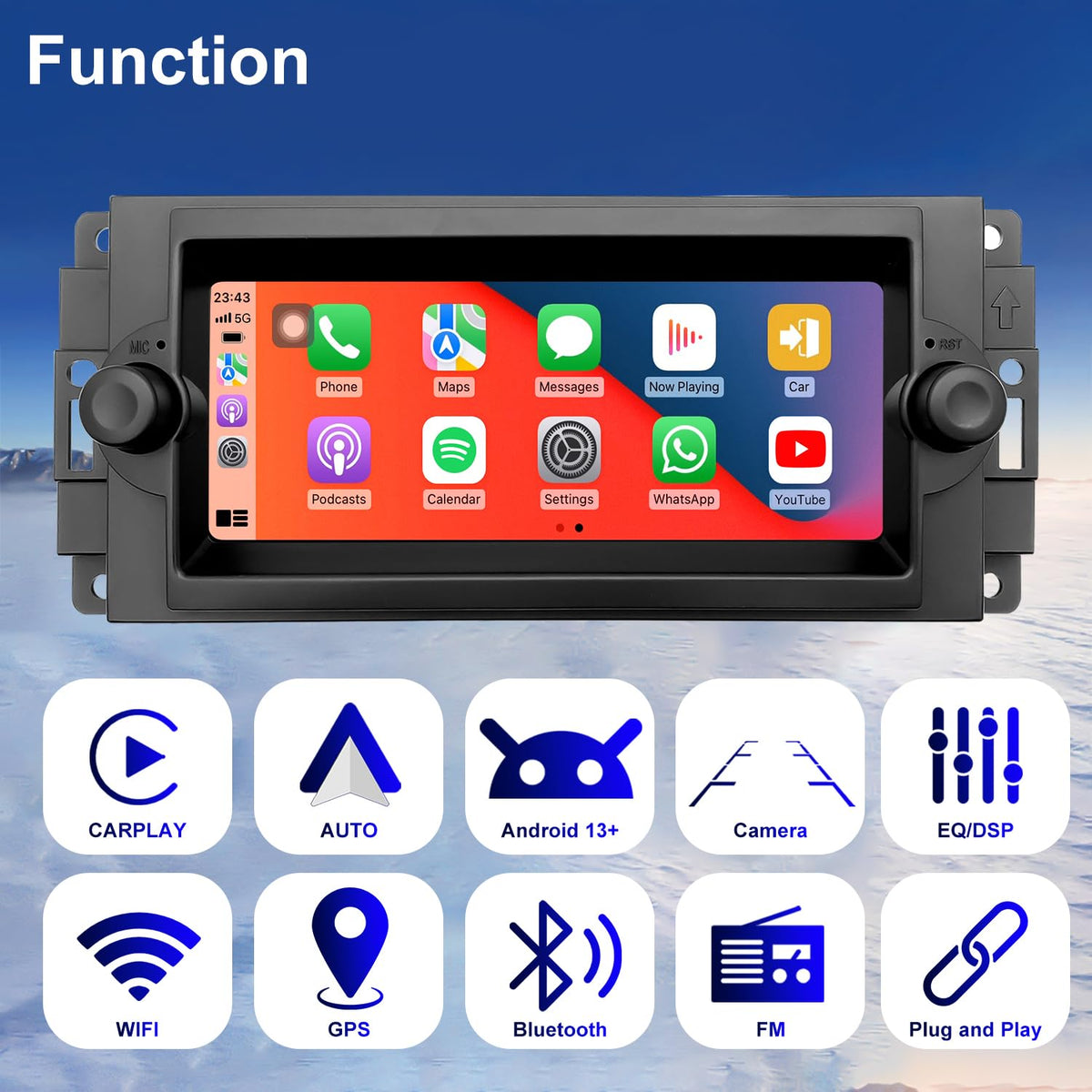 Car Radio for Dodge Ram 1500/2500/3500 2006-2008, Dakota 2005-2007, Durango 2004-2009, Chrysler 300C/300 Jeep Grand Cherokee 2005-2007, 6.86'' Touchscreen Stereo Carplay Android Auto GPS FM BT Camera