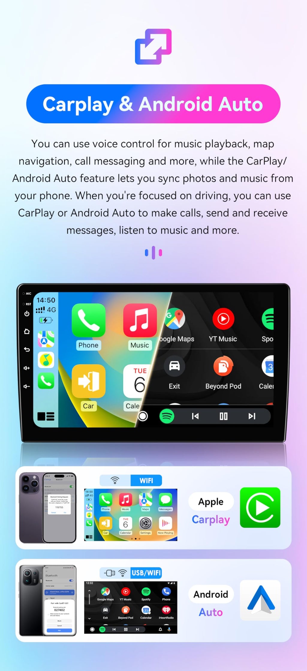 Android 14 Car Stereo Upgrade for Chevrolet Camaro (2010-2015), 8 Core 4G+64G GPS Navigation with 9inch QLED Touchscreen EQ Bluetooth USB OBD2 TPMS Car Tablet
