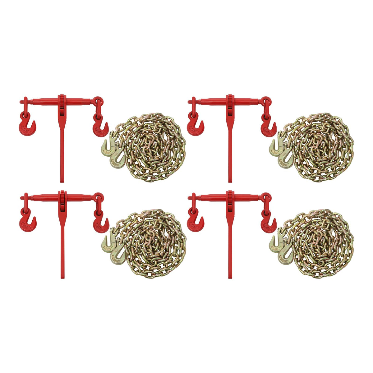 4 Sets Cargo Chain Binder Kit 3/8"-1/2”with 4 Long 10Ft Chains, Load Binder Set Heavy Duty Ratcheting Binders and Chains Load Chain and Binders,6,600lb Working Load Limit As Set,Red