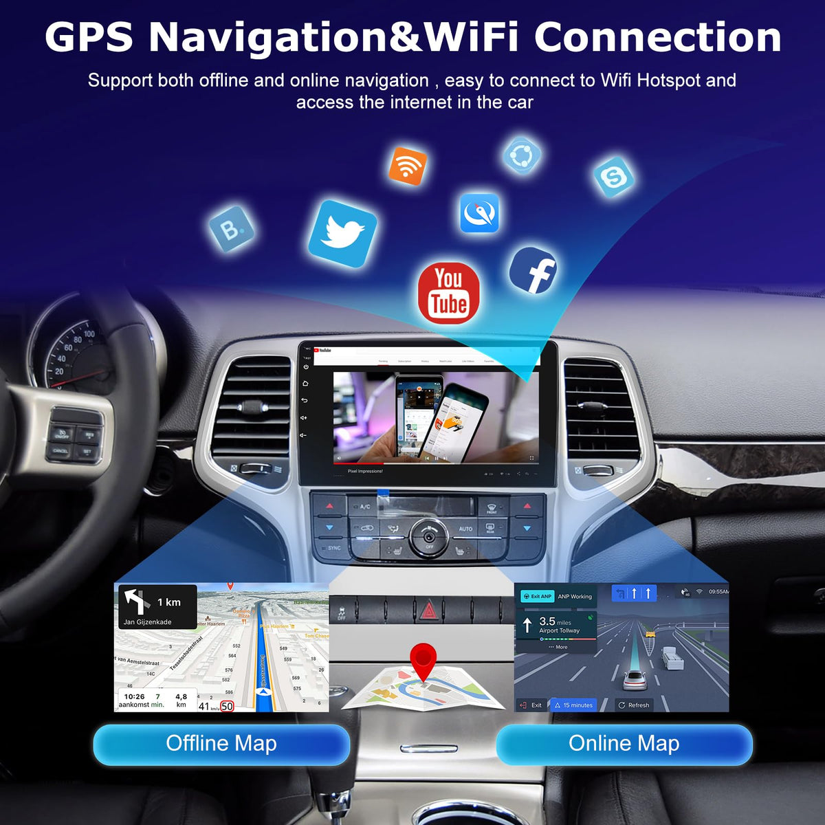 [4+64GB] Android Stereo for Jeep Grand Cherokee 2008-2013: 9 inch IPS Touchscreen Grand Cherokee Radio - Wireless Carplay and Android Auto, Customize Homepage, DSP/EQ, 5G/WiFi, SWC + Backup Camera