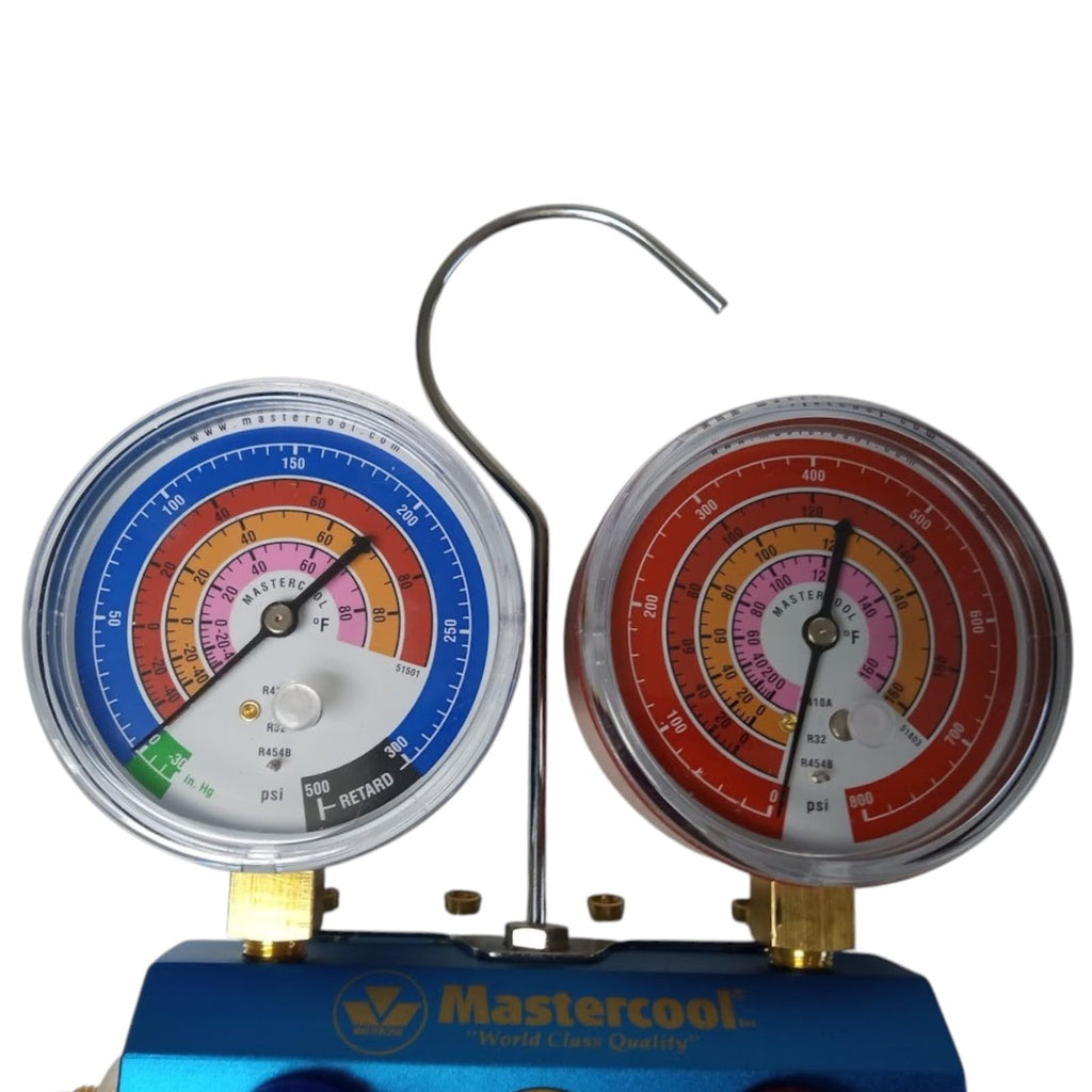 Mastercool 51261 2-Way Aluminum Manifold Gauge with 3/8" Vacuum Valve, Set 3-60" Ball Valve Hoses for HVAC Air Conditioning Refrigeration A2L R32 R545B.