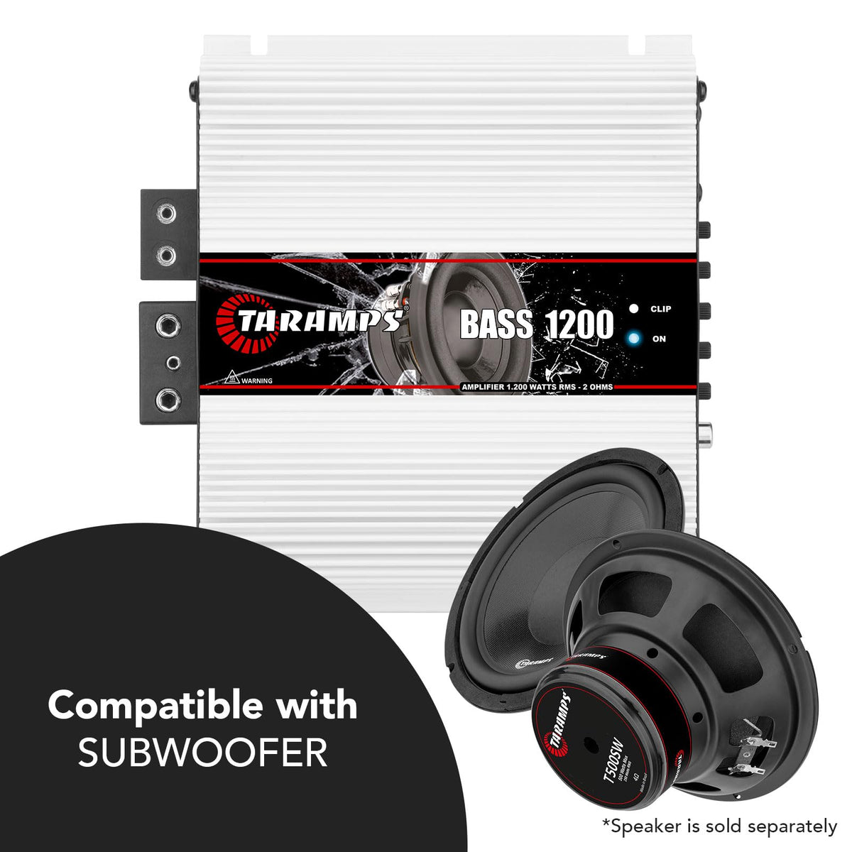 Taramps Bass 1200 2 Ohms Monoblock Amplifier 1200 Watts Rms 1 Channel 14.4VDC Out Power Full Range Great for Sub/Bass RCA Input Smart Cooler Car Audio