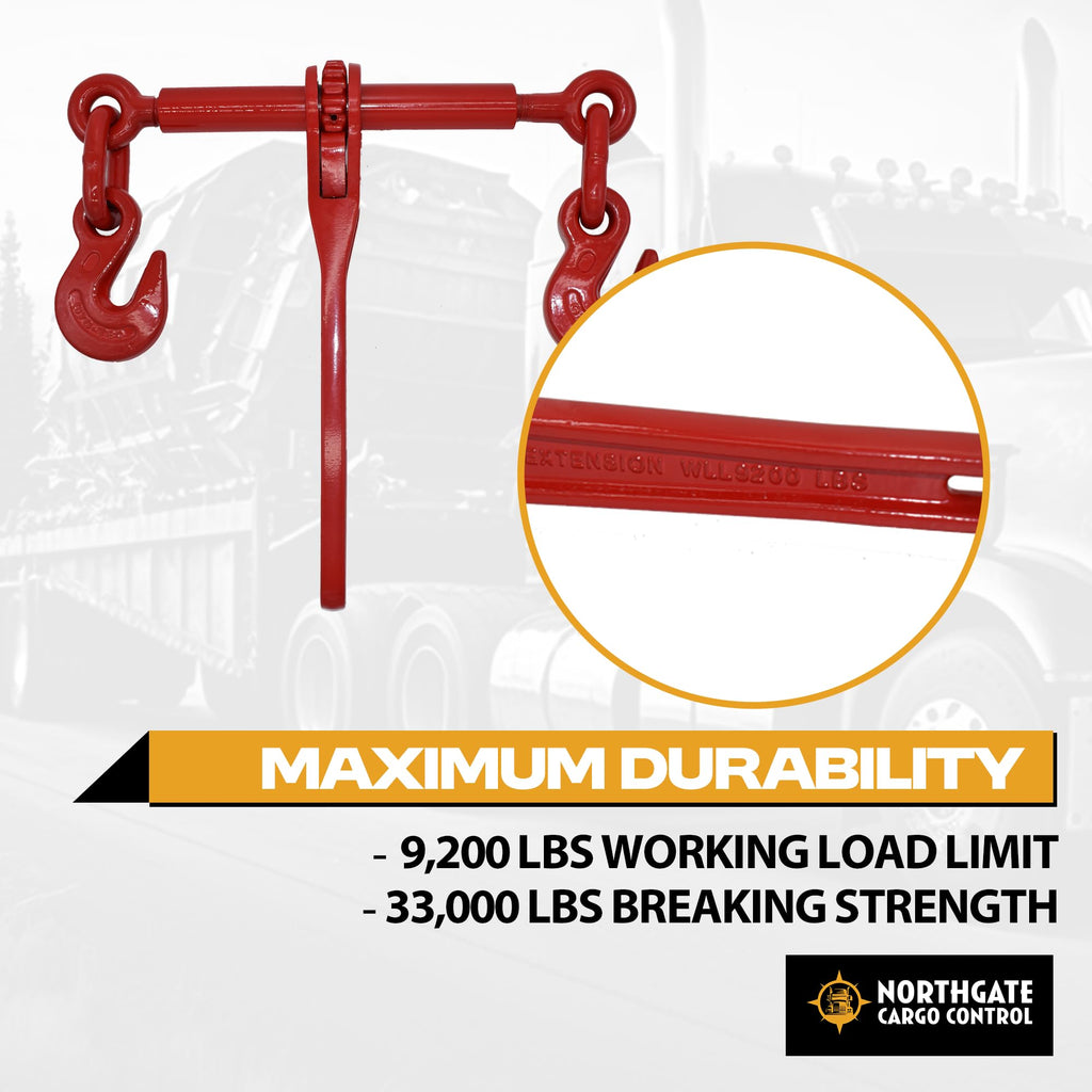 (4 Pack) 3/8"-1/2" Heavy Duty Ratchet Lever Load Binder w/Grab Hooks - 9,200 lbs Working Load Limit - Red | Secure Hauling Chain Binders for Flatbed Trucks & Trailers"