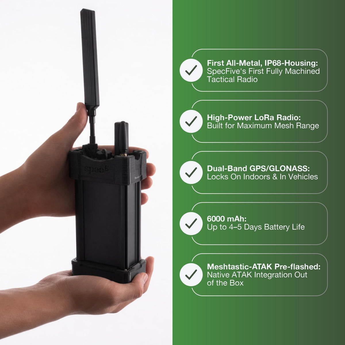 SpecFive Raider Meshtastic-ATAK Lora Military-Grade Mesh Radio, Preflashed with GPS, High-Power, Ip68 Waterproof, Military & SAR Communicator (Black, ATAK-Meshtastic)