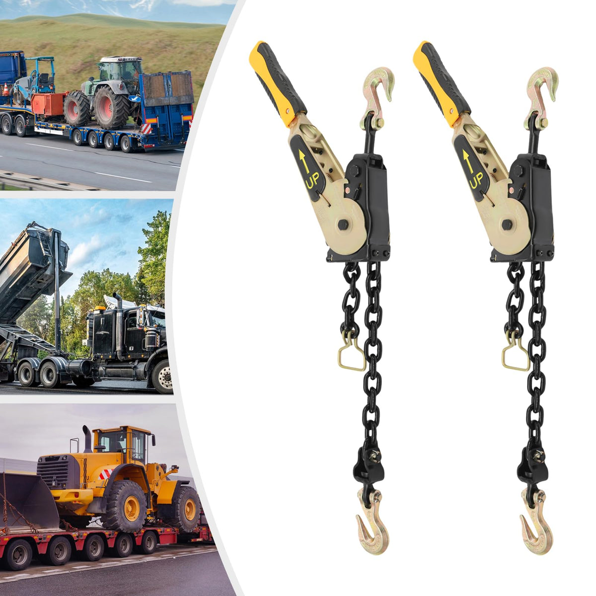 Ratcheting Chain Binders,2 Pack Folding Handle Load Binder, 5/16" - 3/8" Grade 70 Chain, 5400 LBS Working Load Limit Heavy-Duty Tow Chain Binder for Flatbed Trailers & Trucks (Yellow, 3/8"-1/2" *2)