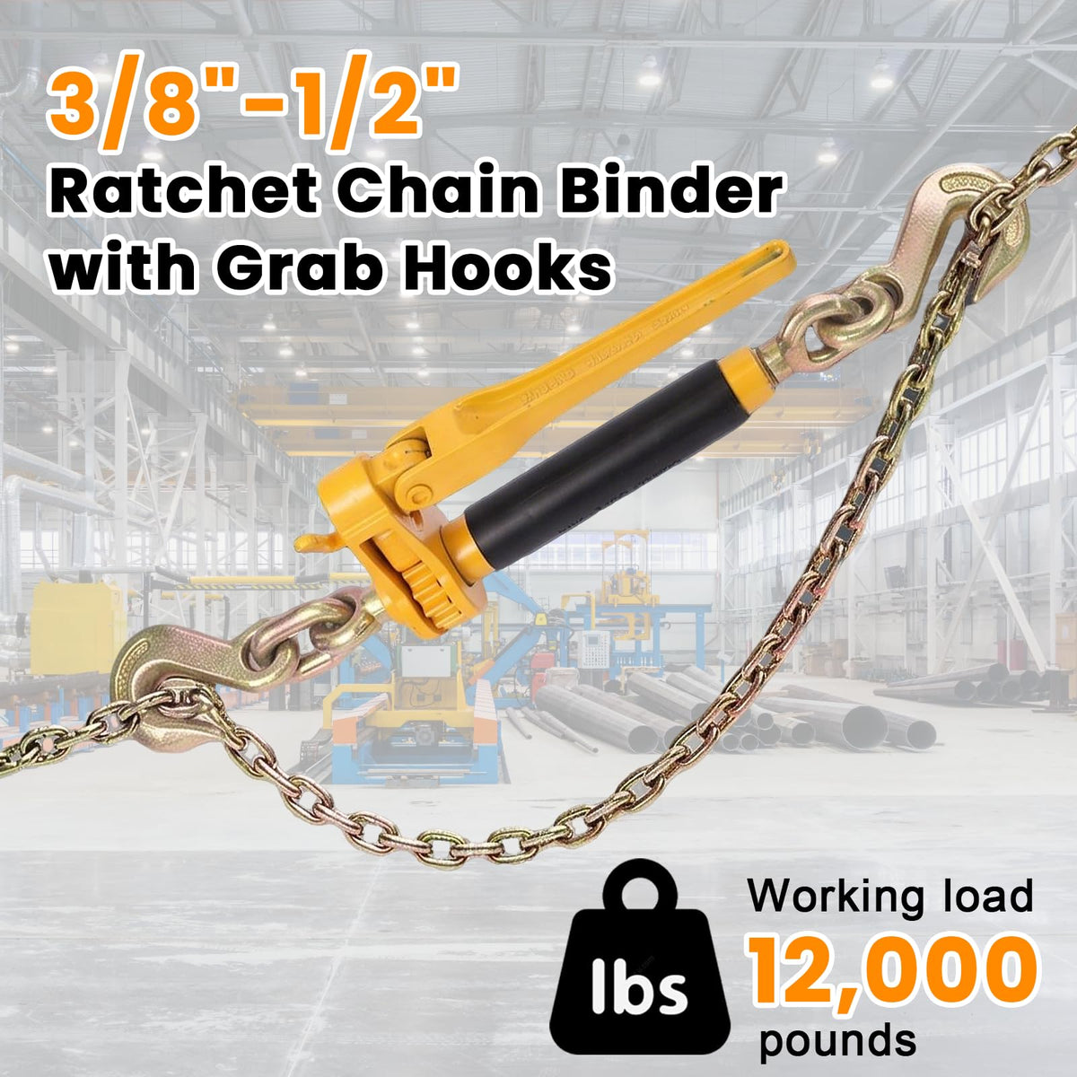 3/8"-1/2" Heavy Duty Ratchet Chain Binders, Load Binders with 2 Grab Hooks