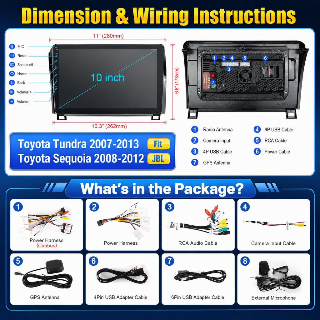 Car Radio for Toyota Tundra 2007-2013 Sequoia 2008-2012 with Wireless CarPlay & Android Auto, 10 Inch Toyota Tundra Stereo Head Unit with BluetoothGPS Navigation FM Radio