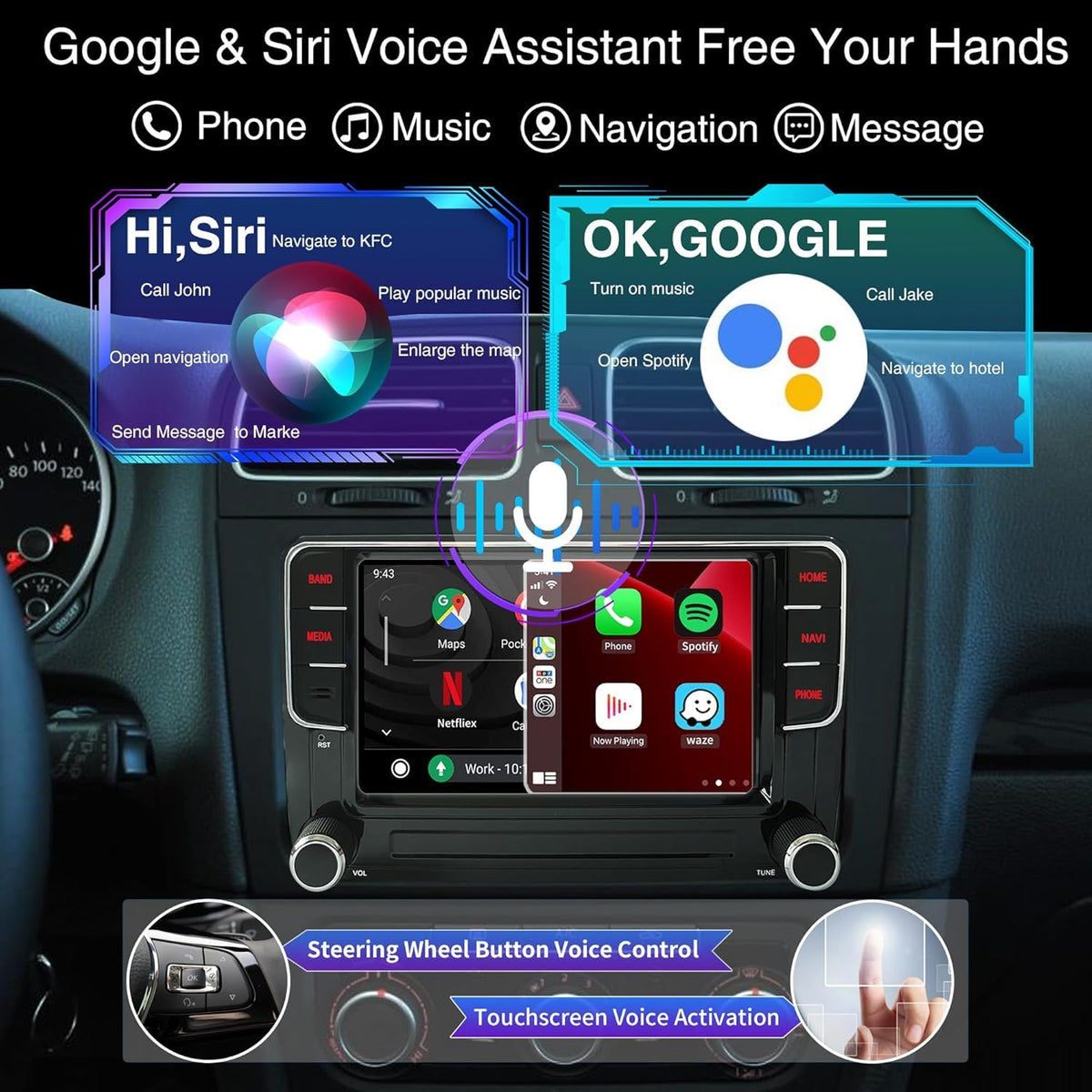 7" Wireless CarPlay AndroidAuto Stereo for VW Golf Jetta Passat