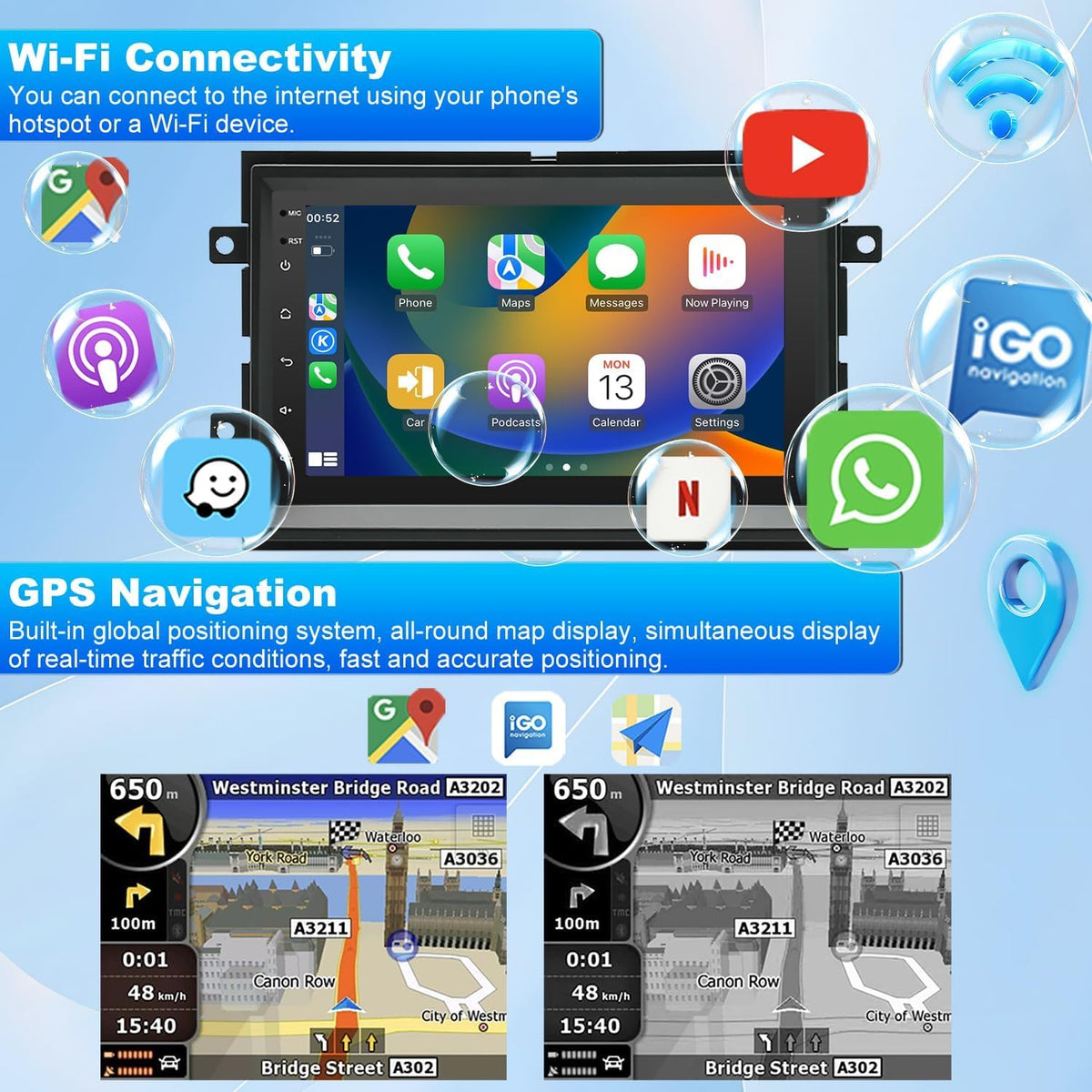 Android 15 Car Stereo for Ford E350 2009-2014 Radio Head Unit for CarPlay Wireless Android Auto GPS Navi 7 inch Touch Screen 2+32GB with Bluetooth WiFi Mirror Link FM RDS SWC Backup Camera