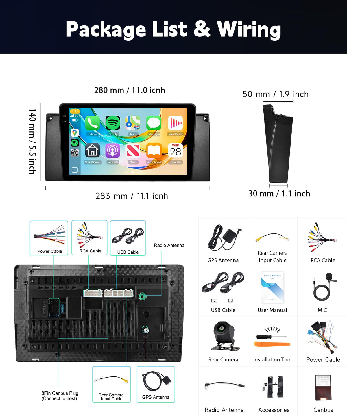 [4G+64G] Car Stereo for BMW 5 Series X5 E39 E53 M5 1996-2006 with 5GWiFi/Android 15/Wireless Carplay Android Auto,9" Incell Touch Screen Radio,GPS/EQ DSP/Bluetooth5.0/SWC/AHD Backup Camera