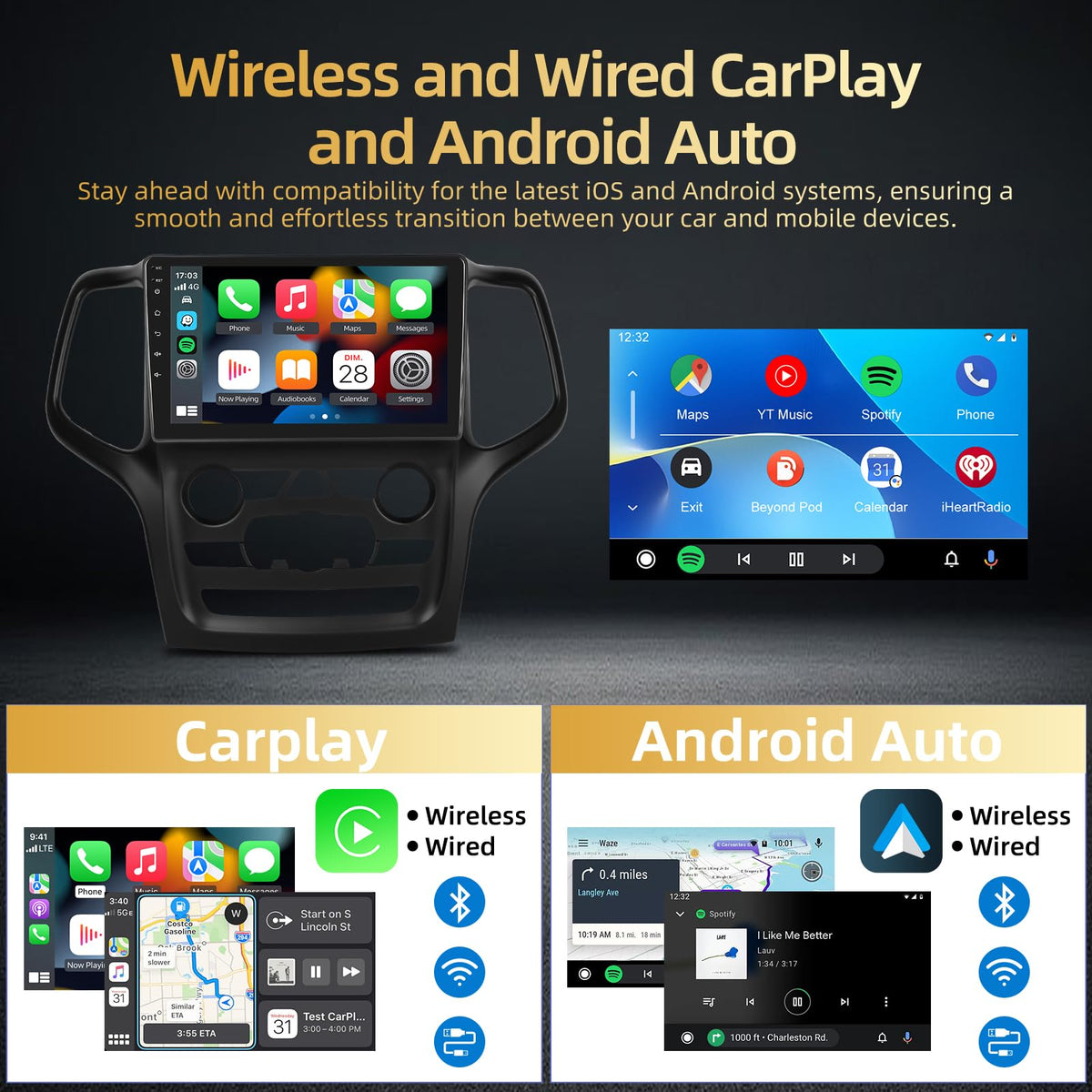 2+64G Android Car Stereo for Jeep Grand Cherokee 2014-2020 - 9 Inch Touchscreen Radio with Wireless Carplay & Android Auto, WiFi, GPS, EQ, FM RDS + AHD Backup Camera