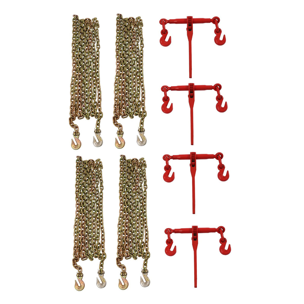 Ratchet Chain Binder 4pcs, 5/16" x 20 ft Grade 70 Chain with Hooks, 5,400 lbs Working Load Limit, Die-Forged Load Binder for Towing, Hauling, Logging & Flatbed Truck Tie-Down
