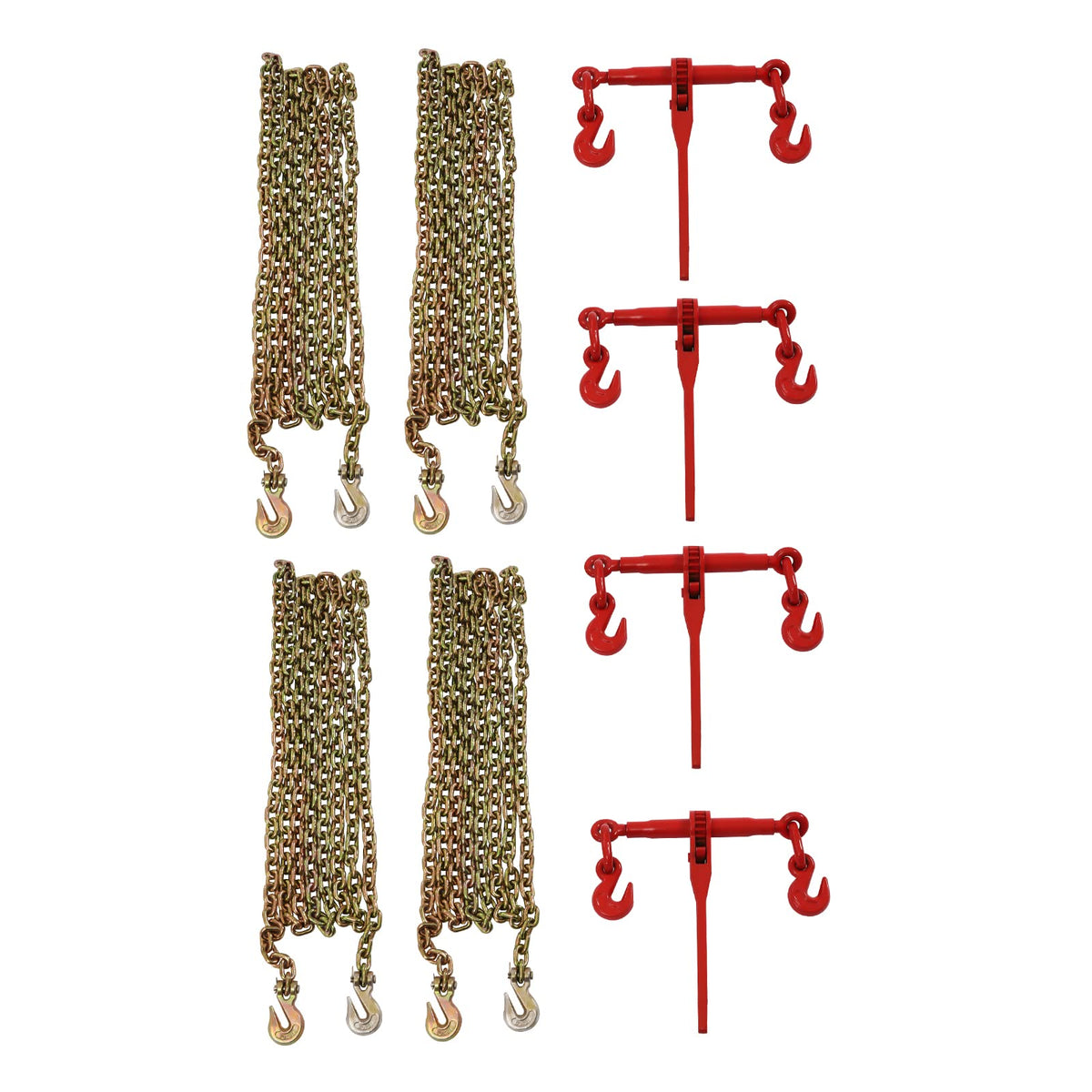 Grade 70 Chain 10,800 Lbs Transport Hauling Load Package - 5/16"-3/8" - Includes Ratchet Load Binder and 5/16"×20 FT Chains - Extended Galvanized Chains - 4 Pack - Red