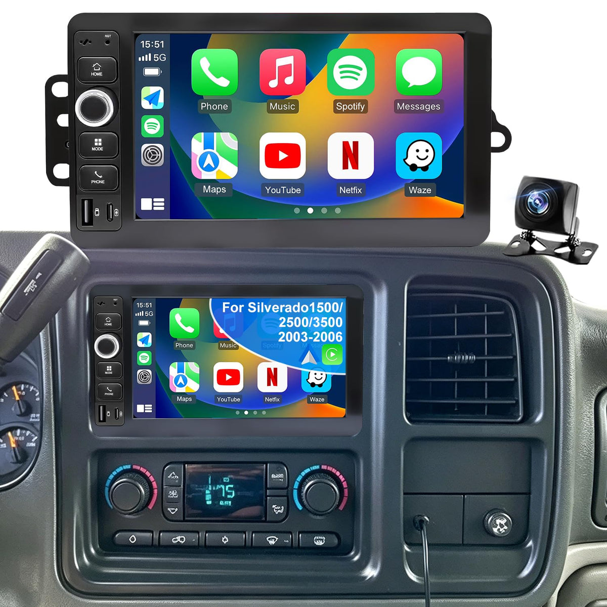 4+64G Upgrade Car Radio for Chevrolet Silverado 1500/2500/3500 2003-2006, GMC Sierra 1500/2500/3500 2003-2006, 7" Colorado Express Impala Stereo Touchscreen CarPlay Android Auto GPS FM Camera 5GWifi