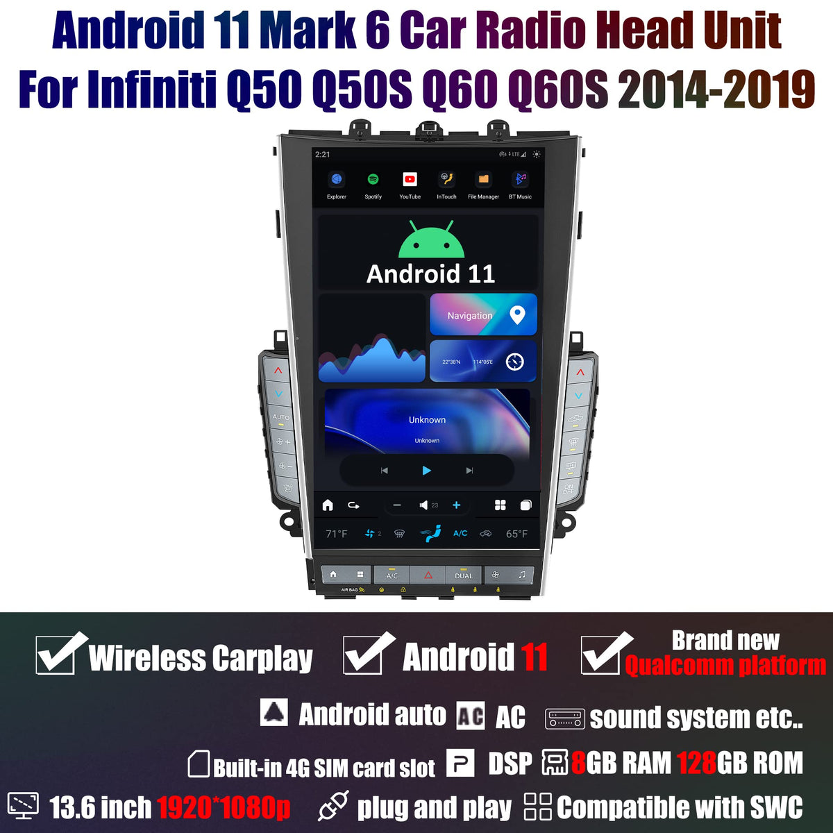 Aucar Mark 6 13.6 Inch T-Style Android Car Radio Head Unit for Infiniti Q50 Q50S Q60 Q60S, 1080P Multimedia Stereo Video Player with Wireless Carplay, GPS Navigation, OEM Functions 8+128 GB 2014-2019
