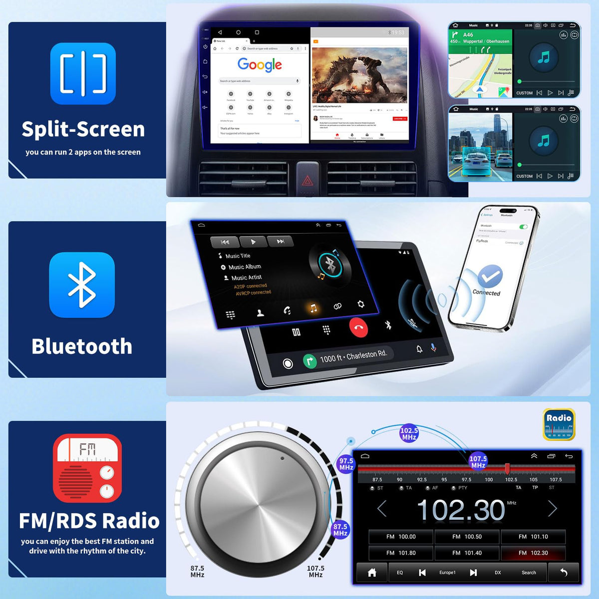 4+64G Double Din Car Stereo Upgrade for 1998-2005 Ford Explorer Android 14 Radio Replacement 7" IPS Touch Screen Head Unit w/Wireless CarPlay Android Auto GPS Navi Bluetooth BT WiFi FM RDS DSP Camera