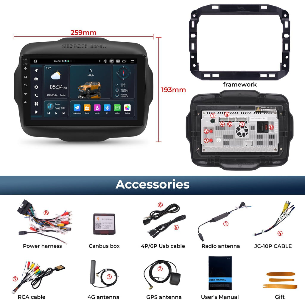 Android 14 Car Stereo Radio for Jeep Renegade 2015-2023, 9 inch QLED Touch Screen GPS Navigation Bluetooth Head Unit Built-in Car Auto Play Support 4G LTE WiFi SWC DSP 6+64GB