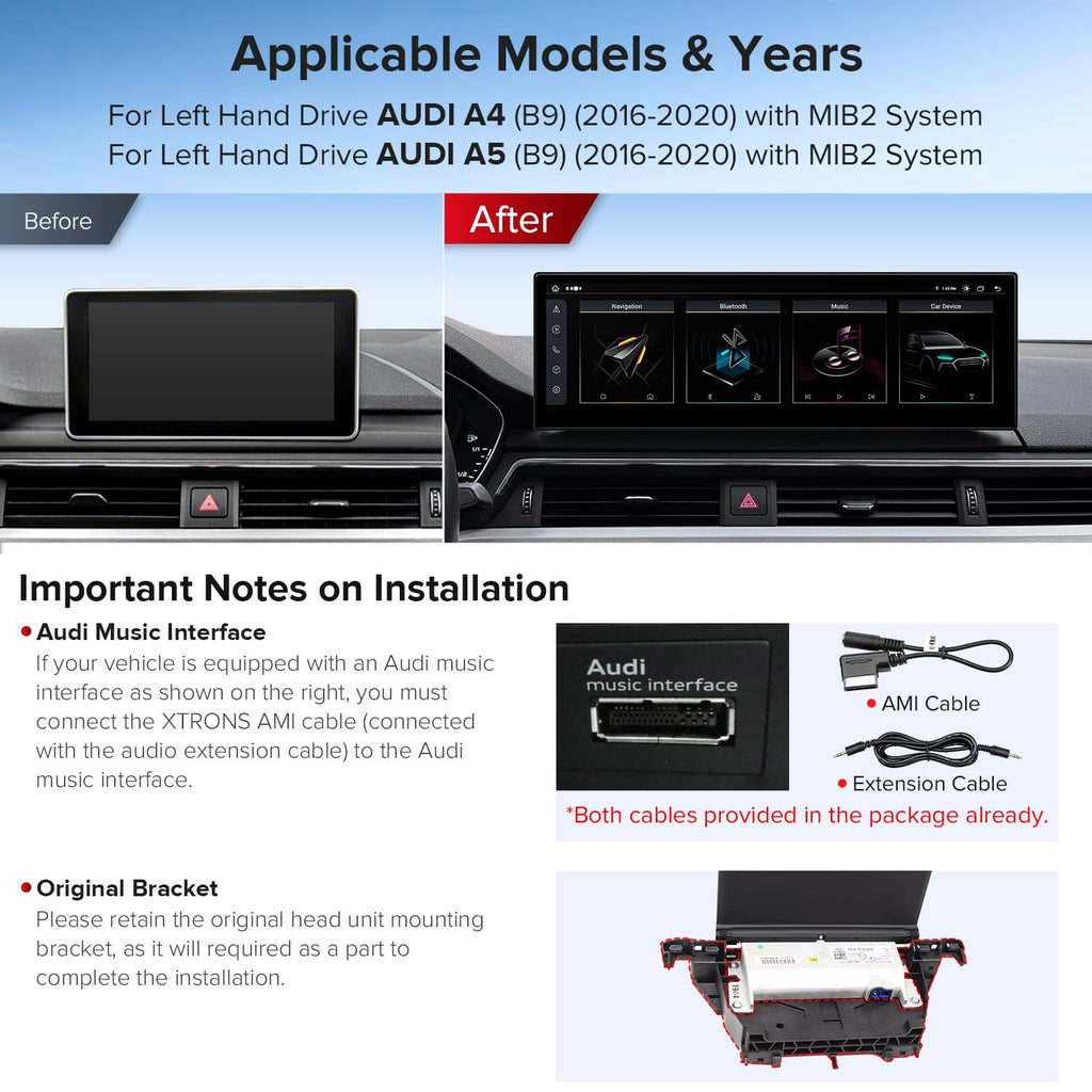XTRONS 14.9 Inch Android 13 Car Stereo for Audi A4 A5 B9 (2016-2020) MIB2 System, 2K IPS Touch Screen 4+64 GB Global 4G LTE Car Radio GPS Navigation Support Wireless CarPlay Android Auto