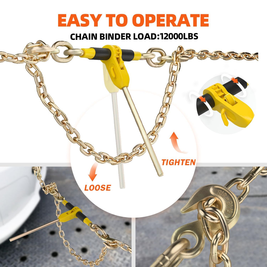 Ratchet Load Chain Binders Set, 3/8"-1/2" Binders, 3/8" x 10FT G80 Chain