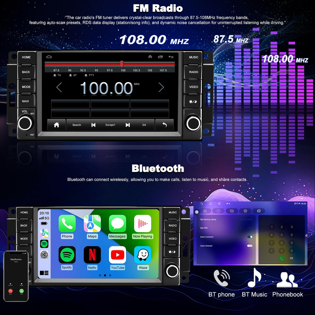 Upgrade Car Radio for Dodge Challenger 2008-2014,Dodge Avenger 2008-2014, Charger 2008-2010, Replacement Stereo, HD Touch Screen Wireless CarPlay, Android Auto, Head Unit, GPS, 5G WiFi FM