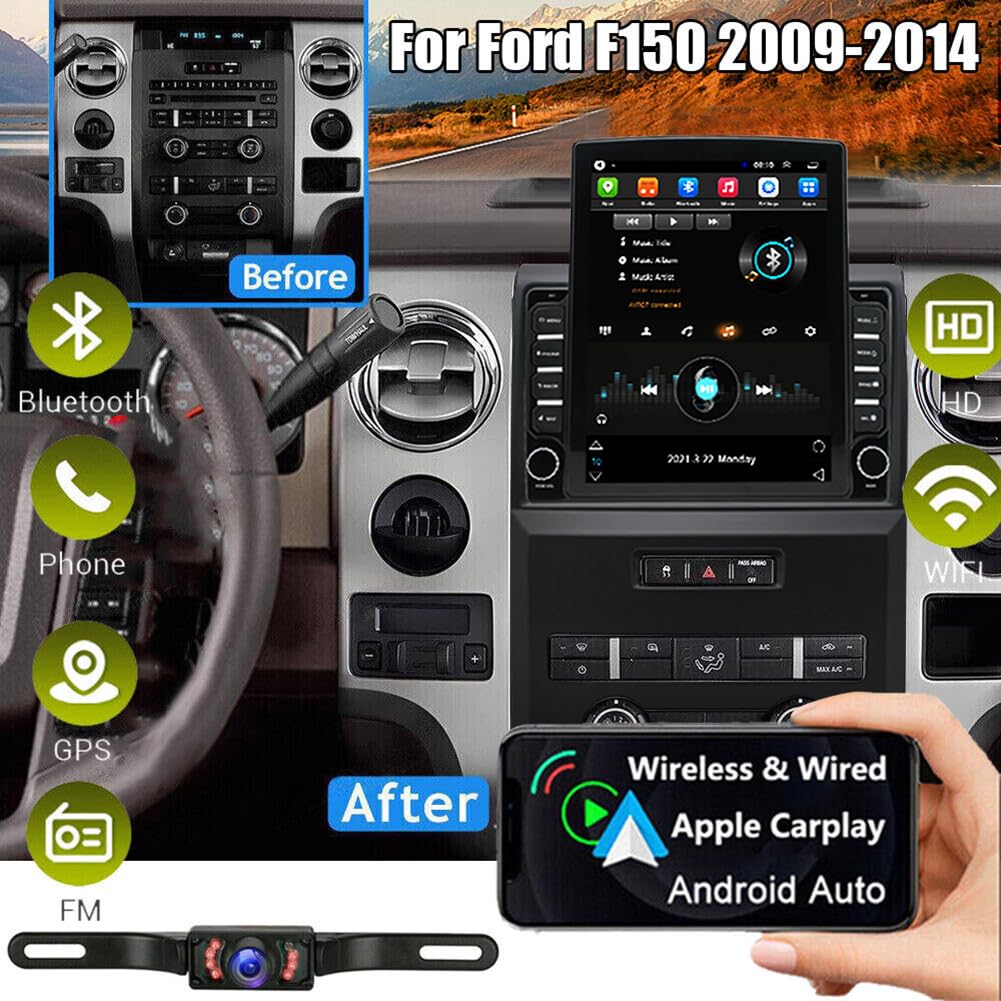 9.7 Inch Android 13 Car Stereo Radio for Ford F150 2009 2010 2011 2012 2013 2014 Touch Screen Double Din with Carplay & Android Auto Bluetooth Wi-FI/Steering Wheel Control/Car Stereo Radio [2GB+32GB]