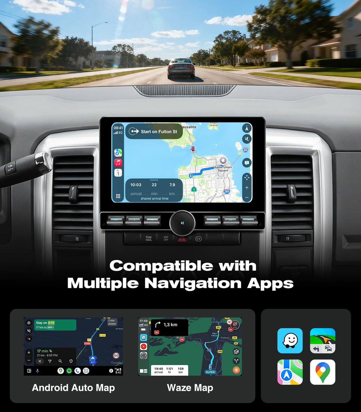 10 inch Touchscreen Car Stereo Radio for Dodge Ram 1500 2500 3500 2009-2012 Replacement Dash Kit w/Wired Wireless CarPlay Android Auto Navigation (10" Ram SKK 09-12)