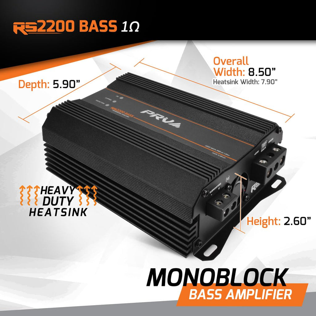PRV Audio 2200 Watts Monoblock Class D Subwoofer Amplifier RS2200 BASS 1 Ohm – 12 Volts Car Amp, Built-in Crossover, Bass Boost, Smart Fans with Remote Sub Level Control Bass Knob Included