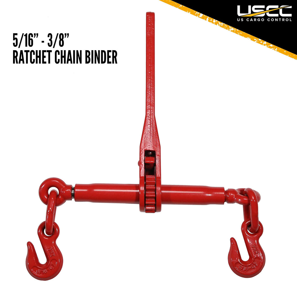 US Cargo Control Chain and Binder Set 5/16 to 3/8 Inch - (1) Ratchet Binder and (1) 16' Grade 70 Transport Chain with Grab Hooks - 5,400 LBS Working Load Limit, Secure Heavy Cargo to Trailers