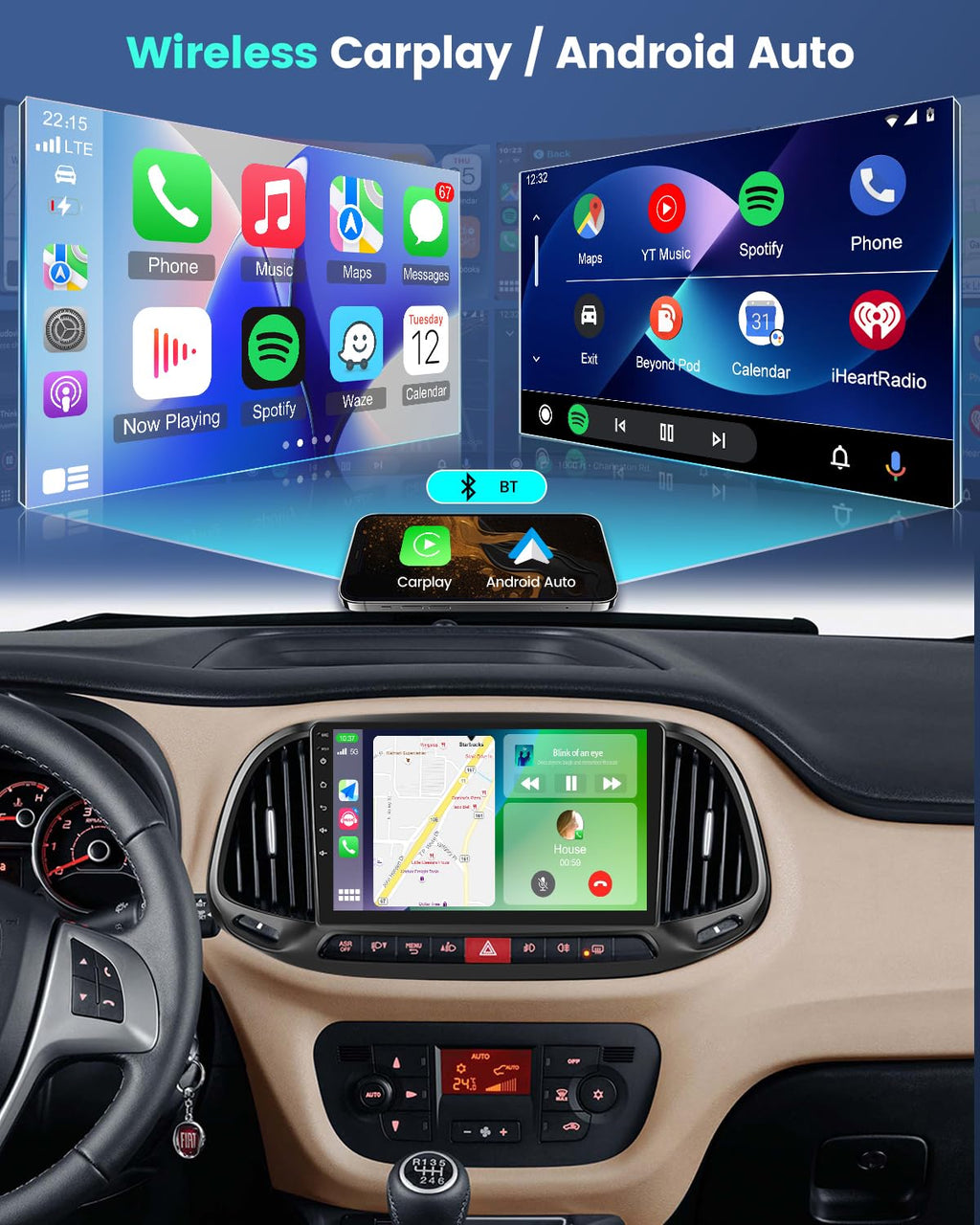 4+64G Car Stereo for Dodge Ram ProMaster City 2015-2021 with Wireless Carplay/Android Auto - 9 Inch Touchscreen Radio with 32EQ DSP/5GHz WiFi/GPS Navigation/Mirror Link/SWC + AHD Rear View Camera
