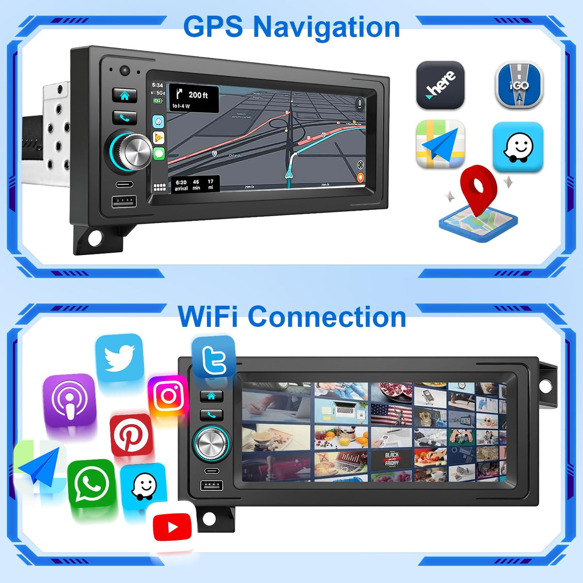 Plug Play Car Radio Stereo with Apple Carplay Android auto GPS Navi Steering Wheel Control for Dodge & Chrysler & Jeep (1990-2001)
